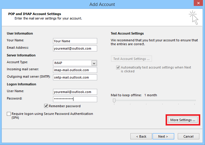 webmail account settings for outlook